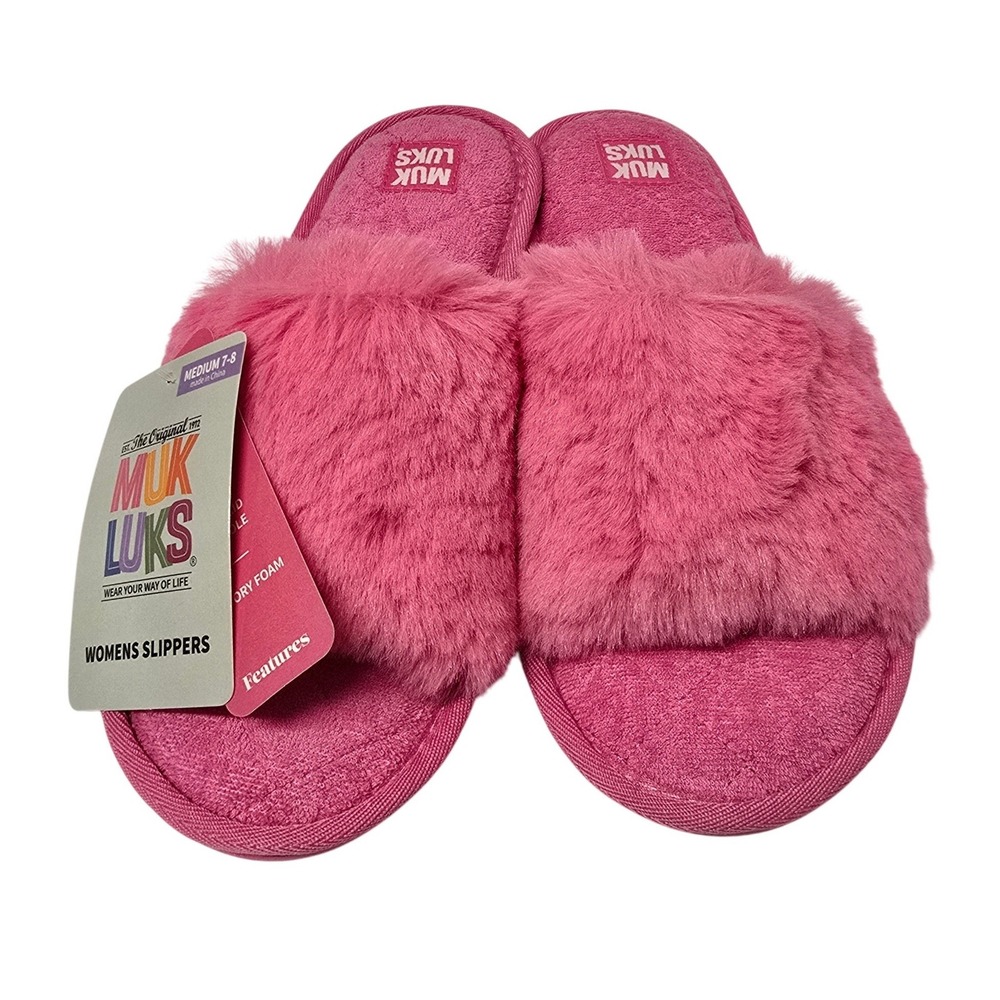 Muk Luks Womens Azalea Pink Faux Fur Memory Foam Slide Slippers Medium 7-8 NWT
